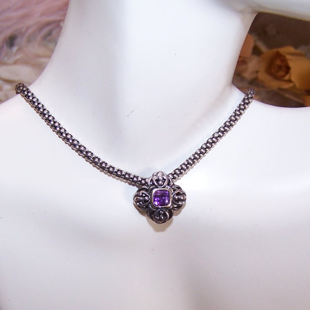 Sterling Silver Amethyst Sliding Pendant On 17.5